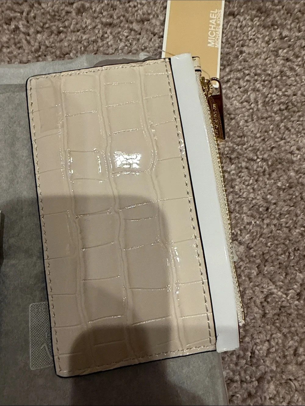 Michael Kors Cream Croc-Embossed Card Wallet with Gold Logo
